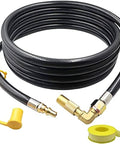 12Ft Propane Quick Connect Hose For RV To Grill With Low Pressure Elbow Adapter and extension, durable brass fittings visible