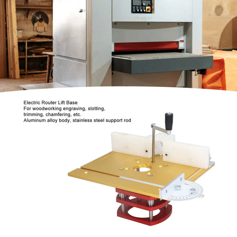 Premium Professional Manual Router Table Lifting System With Heavy Duty Aluminum Alloy Top Plate For Zero Slop Height Tweaks And Completely Rust Proof Shop Grind mounted on workbench with stainless steel rod mechanism.