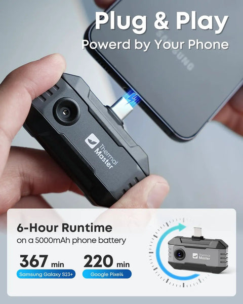 Hand holding P1 USB-C Thermal Imaging Camera For iPhone And Android, 320x240 IR Resolution, connecting to smartphone