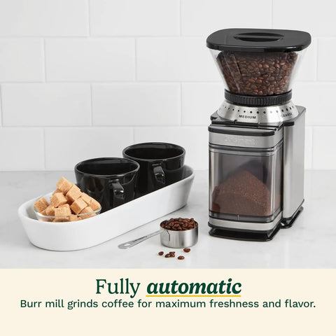 Electric Burr Coffee Grinder With One Touch Automation And Eighteen Position Grinding Dial For Hella Precise Fresh Beans on kitchen counter.