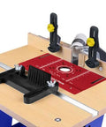 Heavy Duty Router Lift Kit And Flip Plate Insert With Smooth Height Tuning For 65 mm Motor Bodies on a wooden worktable.