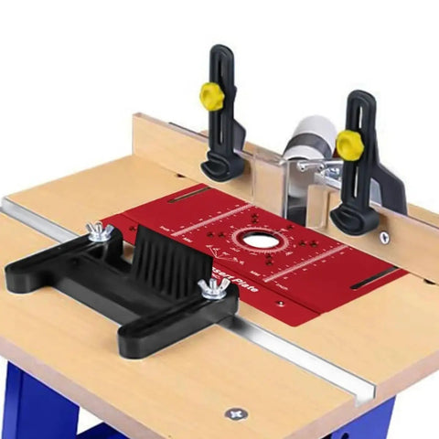 Heavy Duty Router Lift Kit And Flip Plate Insert With Smooth Height Tuning For 65 mm Motor Bodies on a wooden worktable.