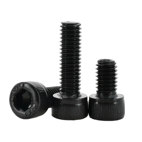 Close-up of black hex socket screws from All In One Hex Socket Screw Bolt Nut Set M2 To M6 Black Carbon Steel Hardware Kit In Durable Case.
