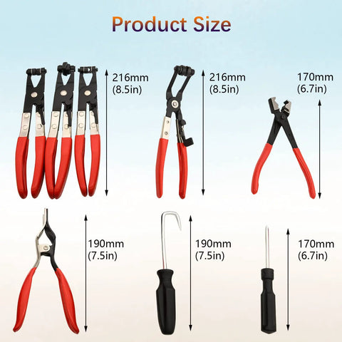 9 Piece Hose Clamp Pliers Set With Long Reach For Auto Hoses Fuel Oil Water Radiator And Coolant Lines, tool sizes