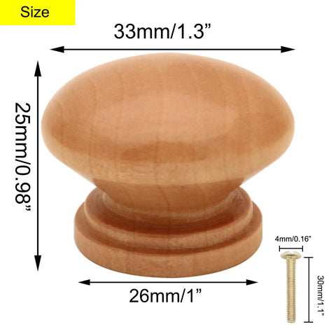 Wooden Cabinet Knob Set With Screws, 20 Pack, Log Varnish Finish, Mushroom Shaped Dresser Drawer Knobs, 1.3 Inch Diameter