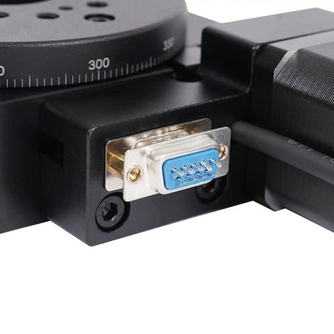 Close-up of 100mm Rotating Platform with RS232 port, showcasing high precision bearing rotary table and motorized rotation stage.
