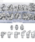 Pro Grade Heavy Duty Grease Fittings Kit With Straight And Angled Zerk Adapters, galvanized steel in various compartments