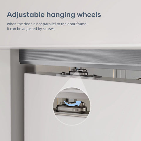 Close-up of adjustable wheels on Six Foot Commercial Grade Sliding Pocket Door Hardware Track Kit, aluminum build.