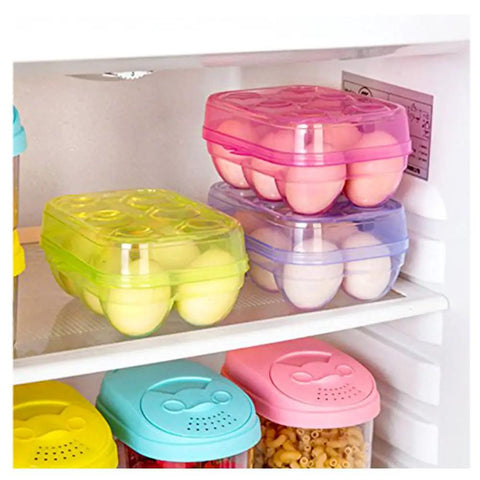 Colorful plastic egg containers on fridge shelf, similar to Six Grid Egg Storage Box For Refrigerator And Camping, BPA-Free PP Material.