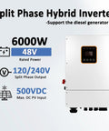 Split Phase Hybrid Inverter, 6000W, 48V, features display, supports 120/240V output for off grid power. Heavy Hitter 5Kw Solar System Complete Kit.