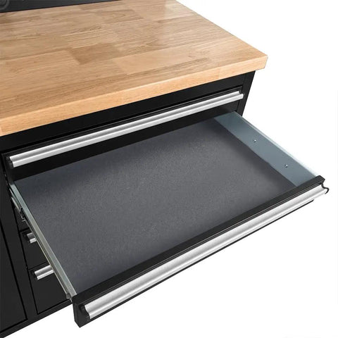 Badass Heavy Duty Tool Chest And Rolling Cabinet Two Pack Workhorse Featuring Twenty Six Deep Slide Out Drawers close-up of spacious black drawer with sleek metal handle.