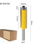 Straight Up Pro Grade Eight Millimeter Flush Trim Pattern Router Bit Featuring Dual Bearings And Kickback Resistant Build For Flawless Wood And Laminate Projects with dimensions and yellow coating.