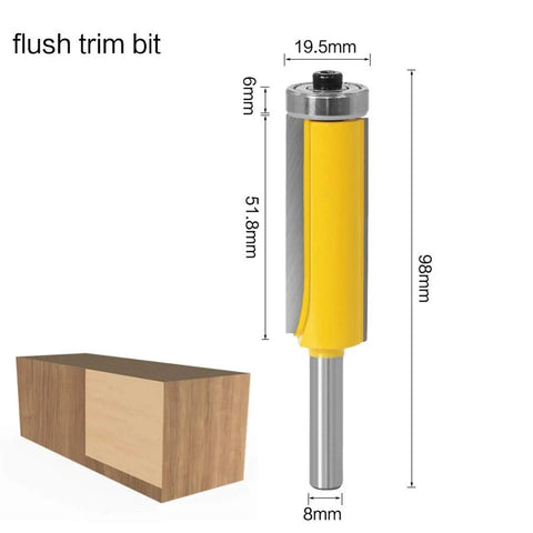 Straight Up Pro Grade Eight Millimeter Flush Trim Pattern Router Bit Featuring Dual Bearings And Kickback Resistant Build For Flawless Wood And Laminate Projects with dimensions and yellow coating.