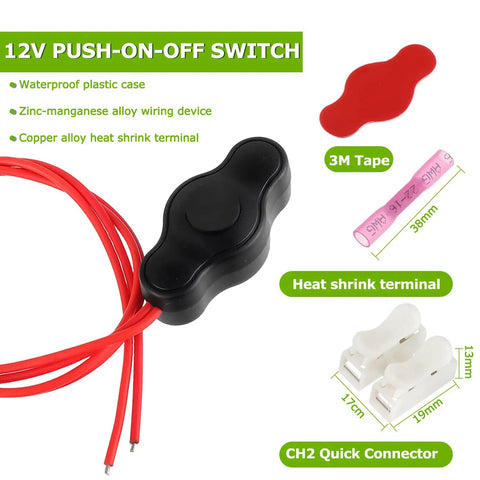 12V Waterproof Push Button Switch With Quick Connector for LED Accent Lighting, black rectangular base with red wires, 3M tape