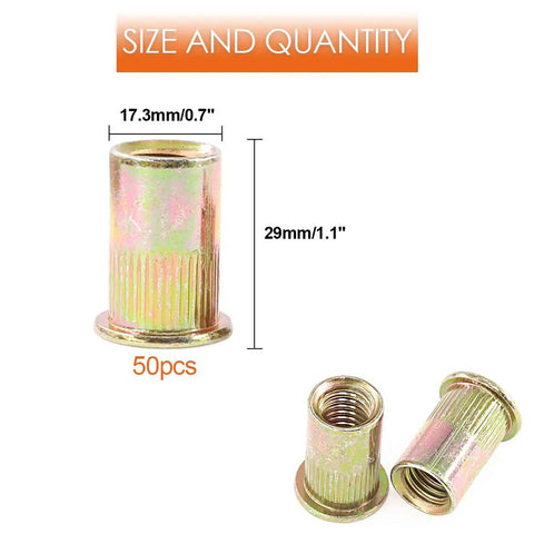 50 Pack 1/2 Inch 13UNC Zinc Plated Carbon Steel Rivet Nuts Flat Head Insert Nutsert Assortment Kit For Auto Body, DIY Projects, And Heavy Duty Repairs, showing size and quantity details