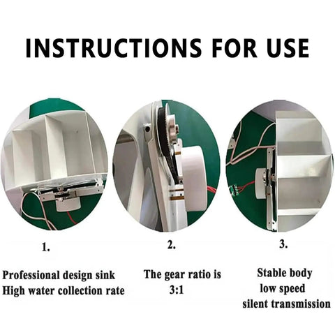 Instructions showing components of Low Speed Water Wheel Hydroelectric Generator For Slow Streams And Canals, Portable Micro Turbine Delivers 50W To 100W, Quiet Operation, Easy Setup.
