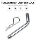 Heavy Duty Trailer Hitch Pin And Clip With Grooved Head, Five Eighths Inch Diameter, Angled One Hundred Five Degrees, Fits Two Inch And Two And A Half Inch Receiver Hitches, Rock Solid Latch For Easy Installation, shown beside clip.