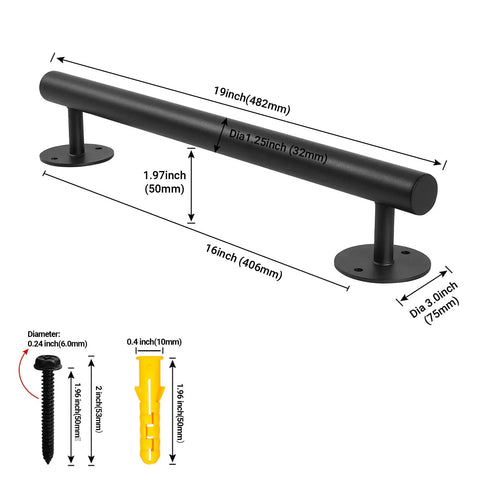Dimensions of Black Metal Stair Railing Kit Heavy Duty Indoor Outdoor Wall Mounted Handrail with installation hardware