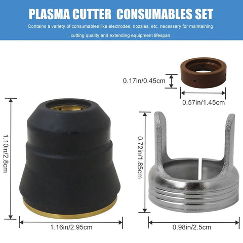 24 Piece Tip Electrode Kit For Cut 55DS Pro And 65DS Plasma Cutter With Electrodes And Nozzles, dimensions shown.
