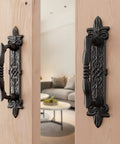 Heavy Duty 9 Inch Antique Barn Door Handle Set Of 4 For Gates Garages And Sheds Rustic Carved Door Pulls on wooden doors