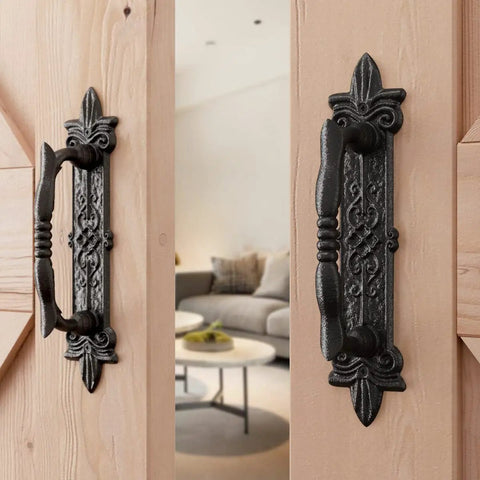 Heavy Duty 9 Inch Antique Barn Door Handle Set Of 4 For Gates Garages And Sheds Rustic Carved Door Pulls on wooden doors