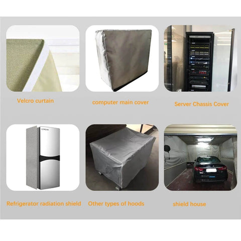 Collage of Silver Fiber Shielding Fabric uses including velcro curtain, server cover, and radiation shield applications.