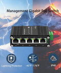 5 Port Gigabit Ethernet Switch With Smart Web Management And QoS VLAN Support 12 48V Wide Voltage Input, product shown against lightning and fire backdrop.