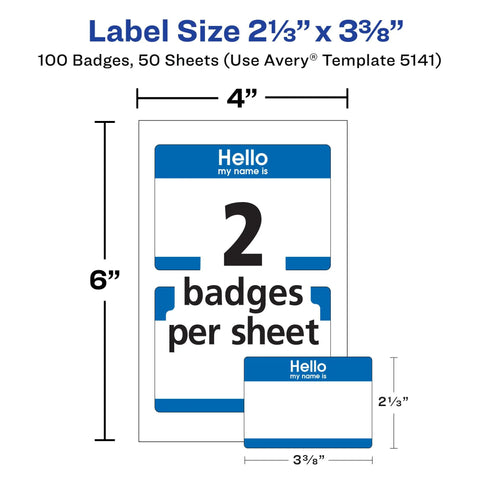 Customizable Hello My Name Is Name Tags White With Blue Border Removable Adhesive For Laser And Inkjet Printing 100 Pack Perfect For Conferences Networking Reunions And Events displayed on sheet with dimensions 4x6 inches showing 2 name badges per sheet