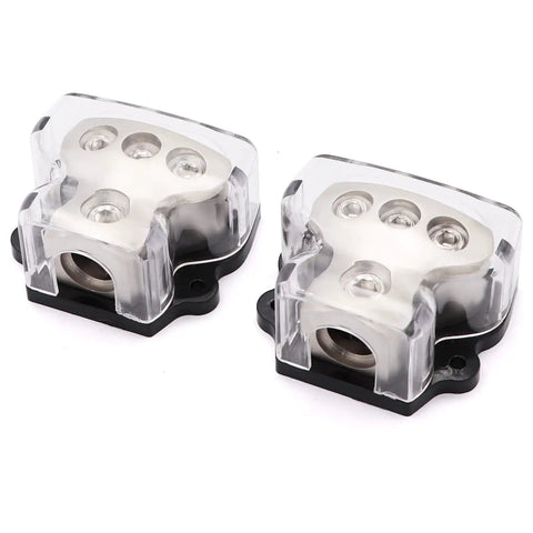 3 Way Car Power Distribution Block With One Zero Gauge In And 3x Four Gauge Out For Amp Grounding And Audio Wiring, Heavy Duty Car Audio Splitter, Easy Install For Strong Power And Clean Ground, 2 Pack clear 0GA to 4GA blocks
