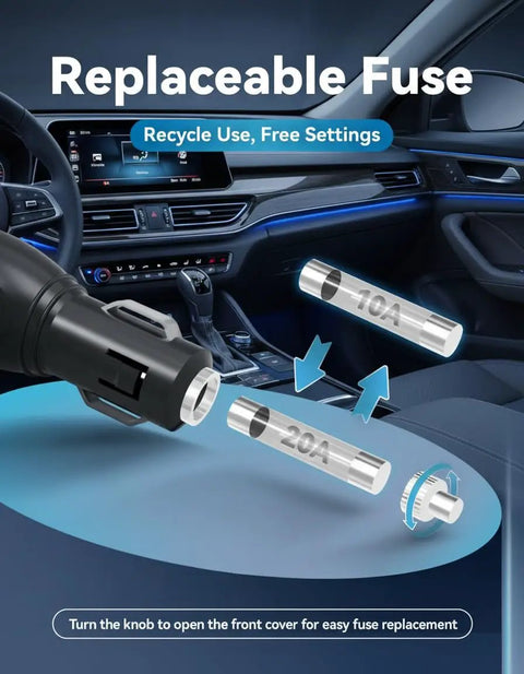 Smooth Moves 200W Car Power Inverter DC 12V To 110V AC with replaceable fuse shown in a modern car interior.