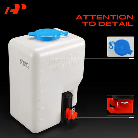 Top Shelf Universal Windshield Washer Pump And Fluid Reservoir Tank Bottle Kit With Slick 12 Volt Motor spray nozzle and cap detail.
