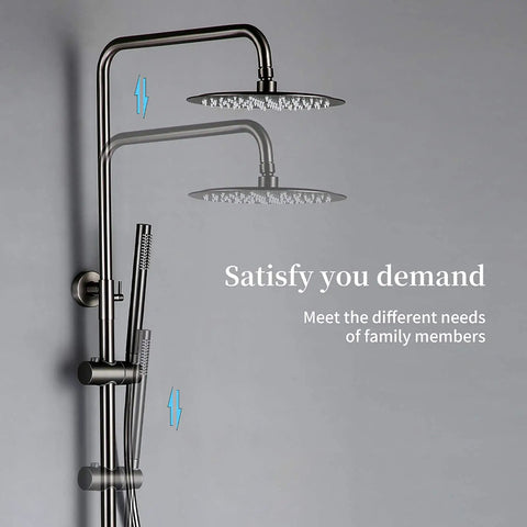 Wall Mounted Thermostatic Shower System Combo Set With 12 Inch Rainfall Head And Handheld Sprayer Gray Brass Finish, modern design.