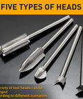 Heavy Duty Wood Carving Drill Bits Set Compatible With Dremel Rotary Tools Five Piece Engraving Kit heads showing 5 different styles.
