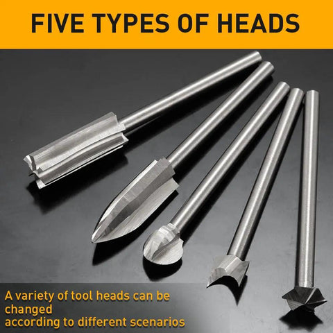 Heavy Duty Wood Carving Drill Bits Set Compatible With Dremel Rotary Tools Five Piece Engraving Kit heads showing 5 different styles.