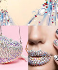 Crystal AB Flatback Hotfix Rhinestones Set 6500 Pieces in 6 Sizes SS6 SS10 SS12 SS16 SS20 SS30 on art, bag, lips, and nails.
