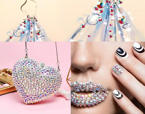 Crystal AB Flatback Hotfix Rhinestones Set 6500 Pieces in 6 Sizes SS6 SS10 SS12 SS16 SS20 SS30 on art, bag, lips, and nails.