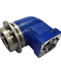 Top Shelf Padr Series Planetary Gearbox Speed Reducer With Rotary Flange Output And Hollow Shaft angle view showing blue housing and metal flange.
