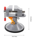 Mini Vise Clamp With Suction Mount Fully Rotatable Bench Vise for woodworking, metalworking, welding. Dimensions shown.