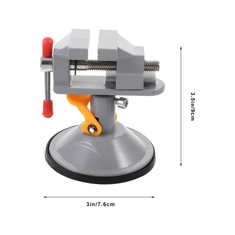 Mini Vise Clamp With Suction Mount Fully Rotatable Bench Vise for woodworking, metalworking, welding. Dimensions shown.