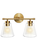 2 Light Gold Brass Vanity Wall Lights Over Mirror With Clear Glass Shades For Bathroom Kitchen And Living Room Durable Anti Rust Finish Damp Location Rated Modern Sconce Lighting