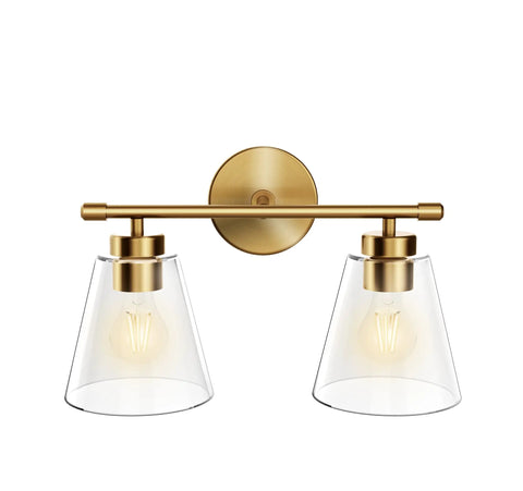 2 Light Gold Brass Vanity Wall Lights Over Mirror With Clear Glass Shades For Bathroom Kitchen And Living Room Durable Anti Rust Finish Damp Location Rated Modern Sconce Lighting