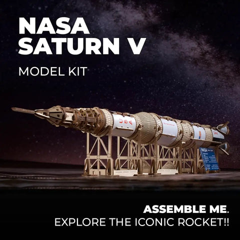 Saturn V 3D Puzzle Kit for Adults Wooden Model Rocket Set Space Shuttle Model Aerospace Engineering Gift Epic Nerdy Brain Teaser Hobby Craft Full DIY Kit for Collectors and Builders, NASA Saturn V wooden model on stand