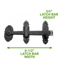 Black Iron Thumb Gate Latch With Rustic Antique Design, cast iron, 9.5 inch width, 0.75 inch height, colonial charm, heavy duty build.