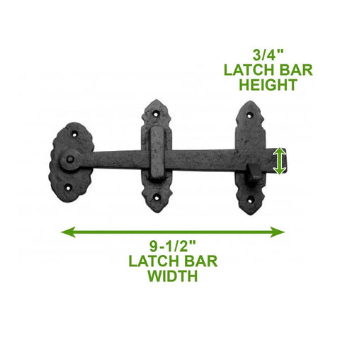 Black Iron Thumb Gate Latch With Rustic Antique Design, cast iron, 9.5 inch width, 0.75 inch height, colonial charm, heavy duty build.
