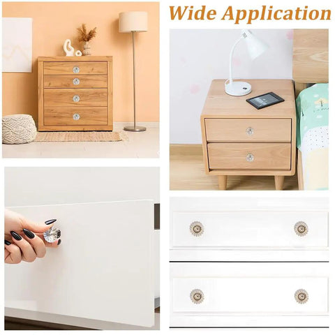 Upgraded Acrylic Crystal Cabinet Knobs And Drawer Pulls Featuring Slick Golden Diamond Cut Single Hole Furniture Hardware Kit Includes Heavy Duty Mounting Screws showcased on dressers and nightstands.