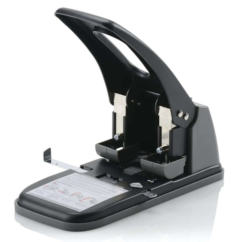 Heavy Duty Two Hole Punch With High Capacity For 100 Sheets Built Tough Metal Construction Wide Handle For Easy Storage Lock In Closed Position Black Finish Ideal For Busy Offices