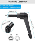 2 Pcs Top Shelf Adjustable Toggle Lever Handles M8 X 20mm Metric Clamping Knobs with hex nuts and washers, showing sizes.