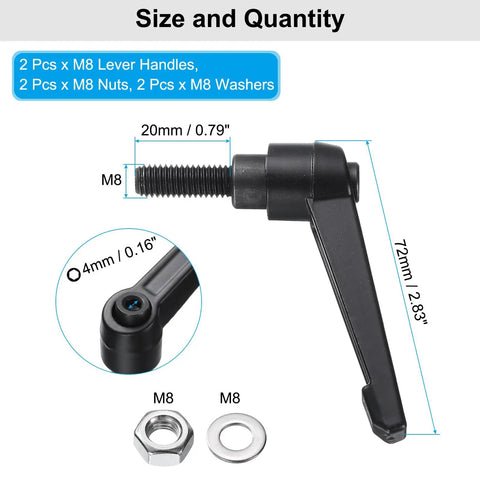 2 Pcs Top Shelf Adjustable Toggle Lever Handles M8 X 20mm Metric Clamping Knobs with hex nuts and washers, showing sizes.