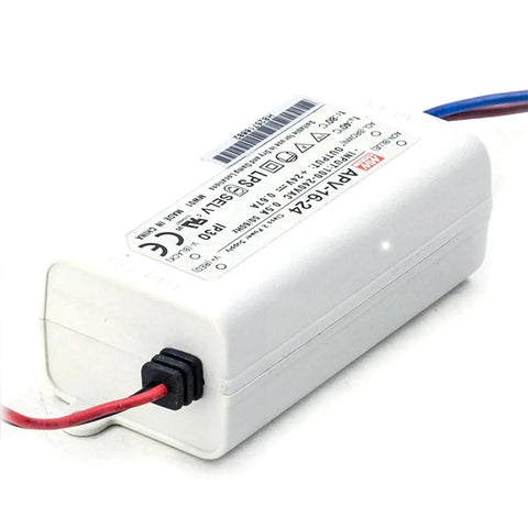 Slick 24V DC LED Power Supply Driver With Bulletproof Class 2 Safety And Foolproof Hiccup Recovery housed in a compact white case.