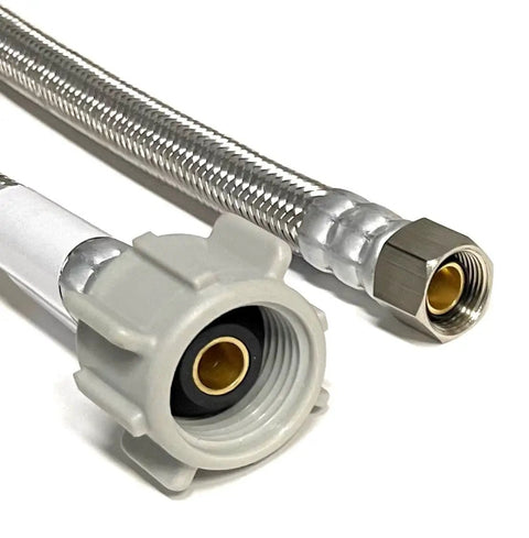 Heavy Duty Toilet Water Supply Line Braided Stainless Steel With Three Eighths Inch Compression To Seven Eighths Inch Ballcock Threads No Fuss Ten Or Twenty Inch Flexible Toilet Connector Leak Proof PVC Core Durable Stainless Braided Build displayed with end fittings